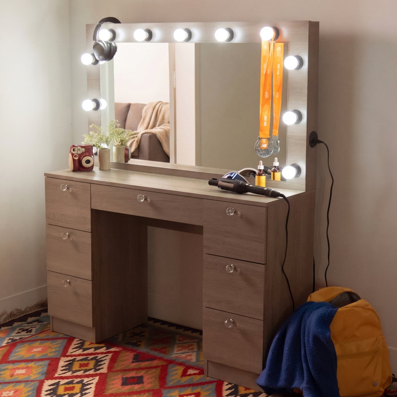 Boahaus Freya Large Vanity Makeup Desk with Wide Mirror, Build-In Lights, 7 Drawers and Power Outlet, Black/Basic Knobs