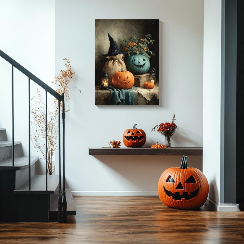 Art mural en toile 24 "x 36", "Sourire orange et bleu" avec sorcière