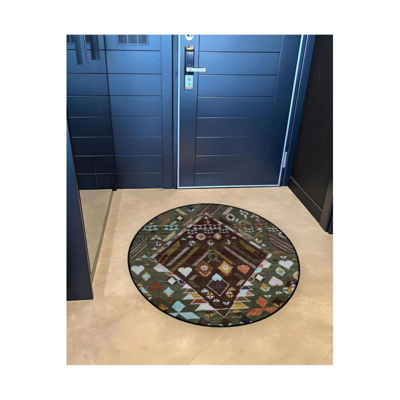 Green Brown Traditional Patterned Round Woven Base Vintage Decorative Carpet, Round 3'4"