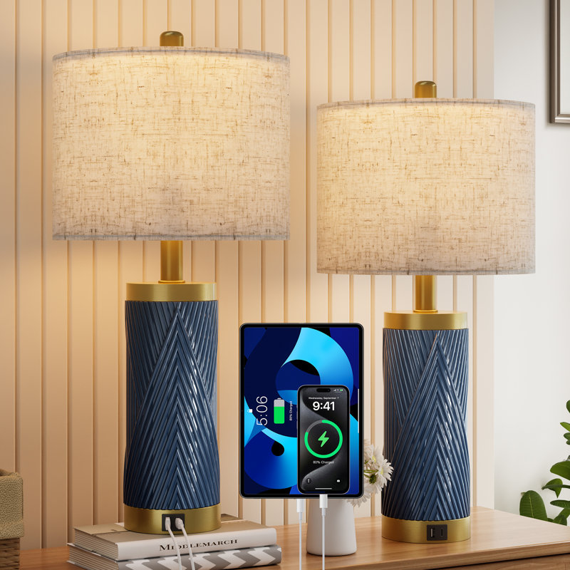 Lampe de chevet 24,5 po en céramique avec ports USB, lampe de chevet moderne pour le salon (ensemble de 2), Bleu, Bleu