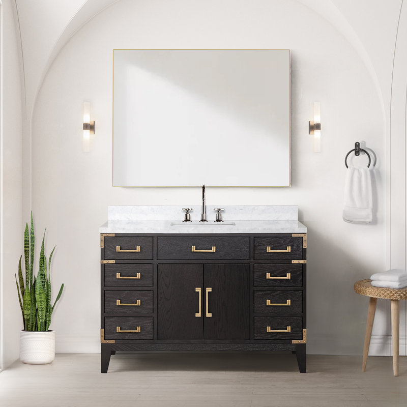 Laurel 48 in W x 22 in D Single Bath Vanity Mirror and Faucet Set, White Carrara Marble, Black Oak