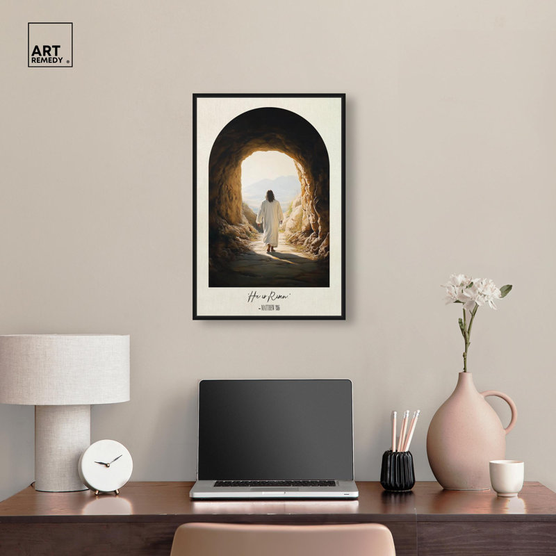 "He is Risen Cave", reproduction d'art sur toile par Art Remedy, cadre noir, 16 x 24, H 25 po x l 17 po, Structure noire