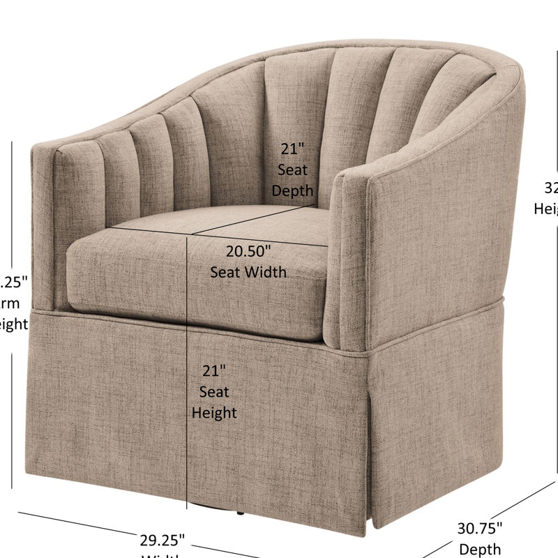 Fauteuil d'appoint pivotant à jupe d'inspiration côtière, pivotant à 360 degrés en métal, dossier à canaux verticaux, assise élégante et confortable à ressorts ensachés, coussin réversible amovible, 4 teintes légères.