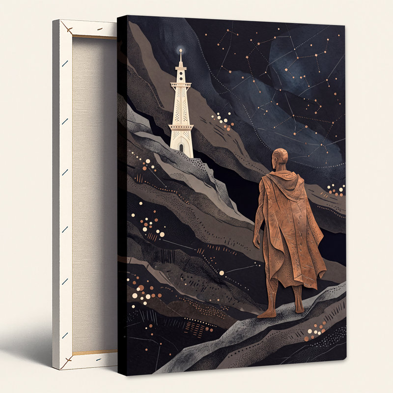 Art mural en bronze, figure et tour sous les constellations, H 30 po x l 20 po