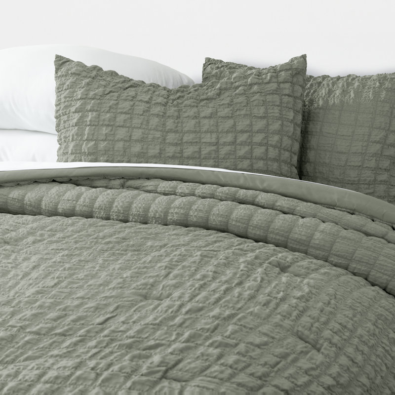 Seersucker Textured Comforter Set, Full / Queen Comforter + 2 Shams, Willow Green