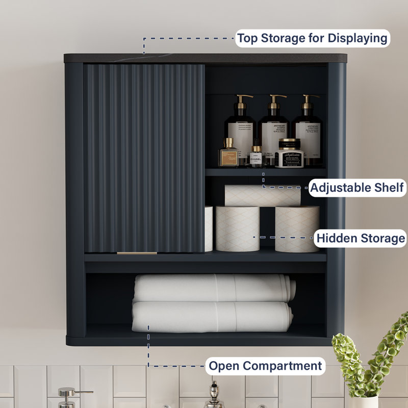 Wall Bathroom Cabinet, Bathroom Storage Cabinet Wall Mount With Sliding Barn Door And 1 Open Adjustable Shelf，For Bathroom, Kitchen
