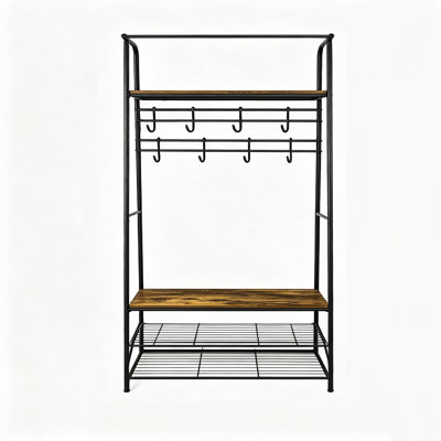 Hall Tree Storage Bench Shoe Rack 6 Hooks 11lb Each 2 Tier Shelf 6-8 Pairs Quick Assembly