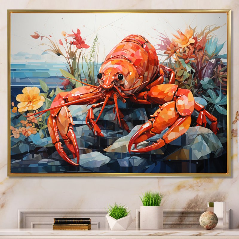 «Coral Yellow Lobster Grace», reproduction géométrique sur toile, H 12 po x l 20 po x P 1 po, Cadre flottant doré