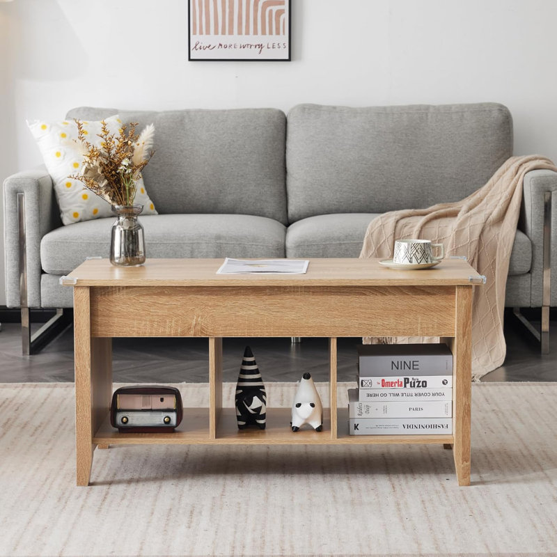 37.8in Rectangular Oak-Colored Particle Board With Bamboo Rattan Weaving, Extendable And Liftable Coffee Table, Beige, Beige