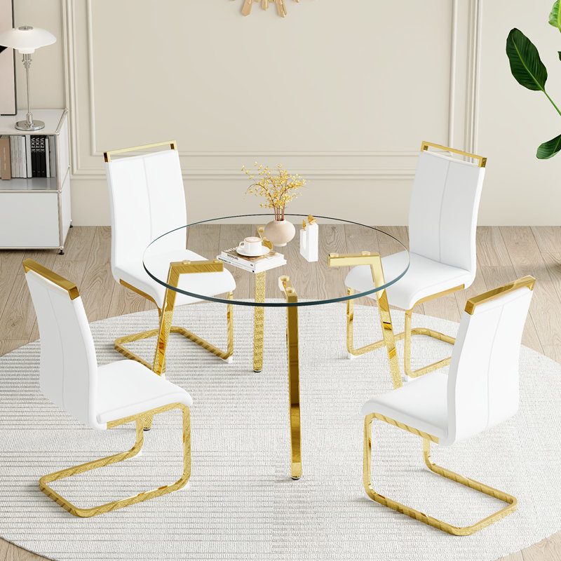 Dumercie 4 - Person Four Leg Dining Set, 5, White/Gold, Gold