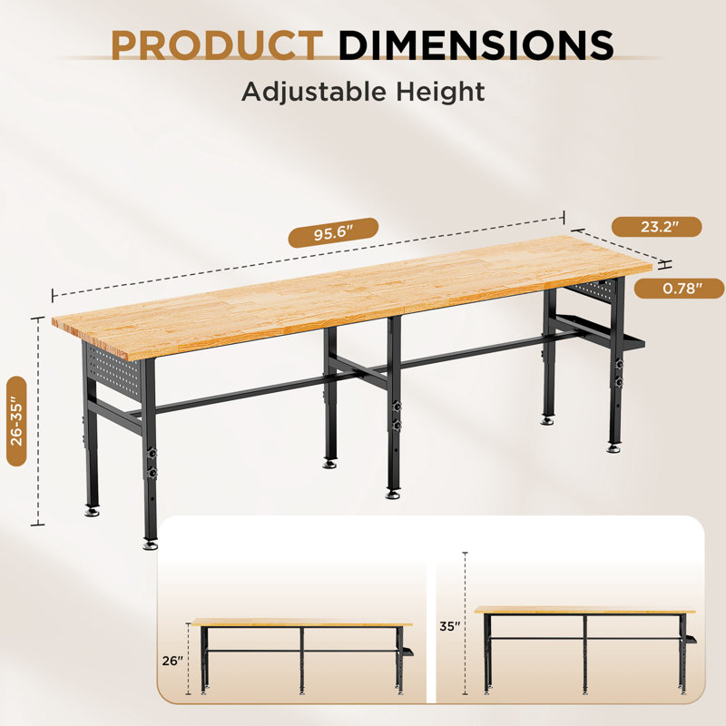 96" Adjustable Workbench With Side Pegboard