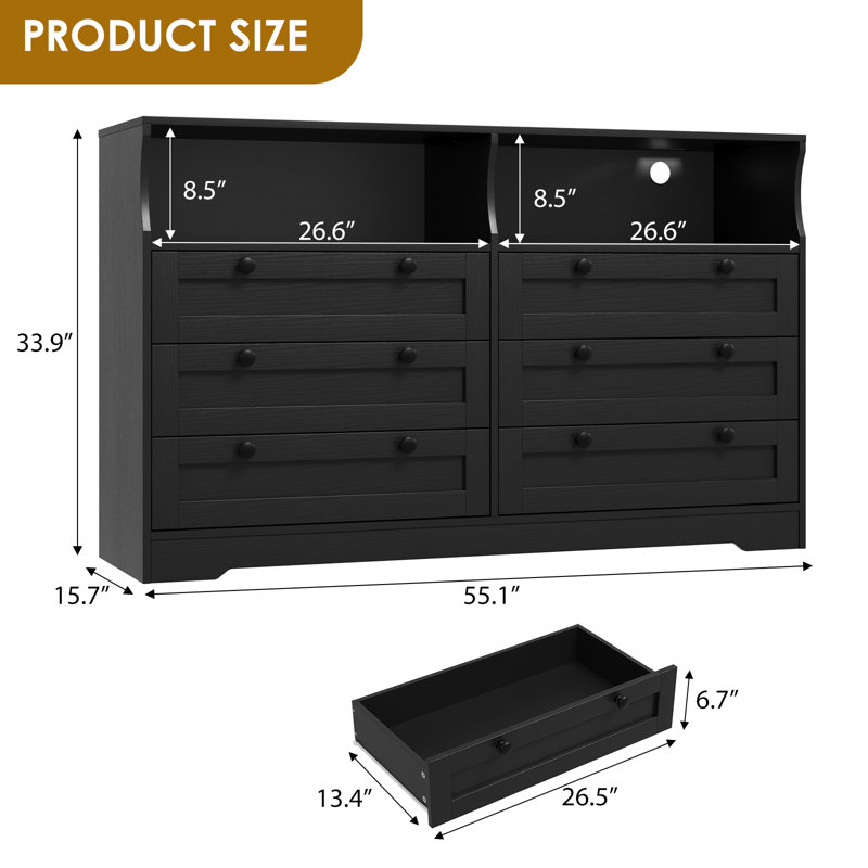 Modern 6-Drawer Dresser with LED Lights and Power Outlet – Wooden Storage, TV Stand for Bedroom, Black