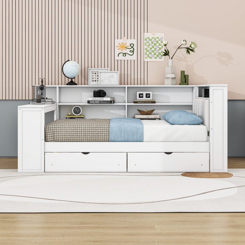 2 Drawers Wood Platform Bed with Shelves, Charging Station, LED Lights and Desk, Full/Double, White