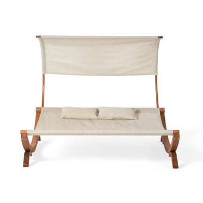 Lit de bronzage moderne Akki avec auvent amovible, bois de teck et tissu beige