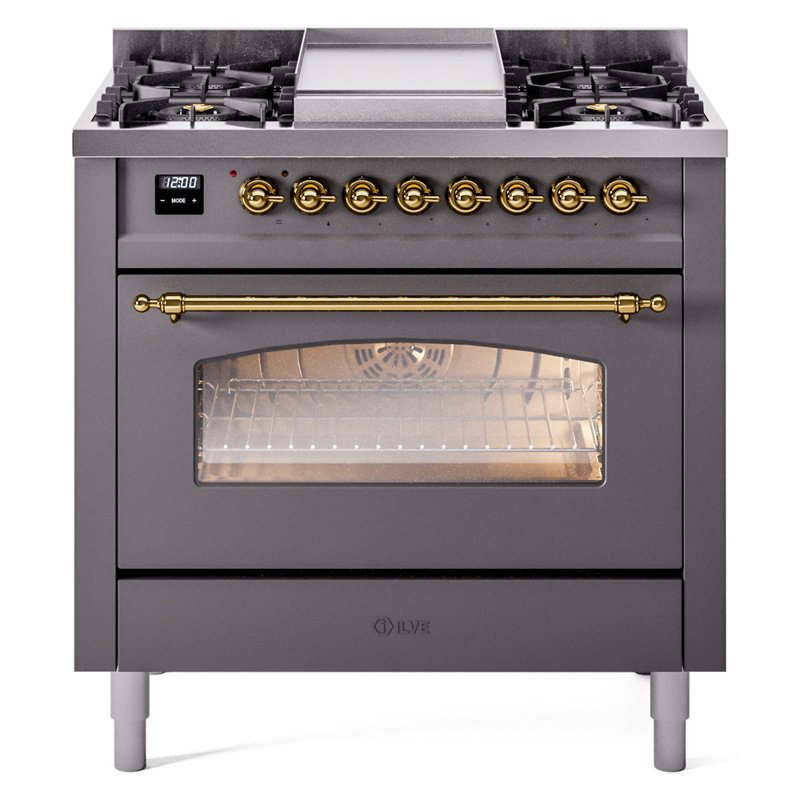 ILVE Nostalgie II Series 36 inch Dual Fuel Range with 6 Burners, Griddle (Glass Door), Graphite Matte/Brass, Natural Gas