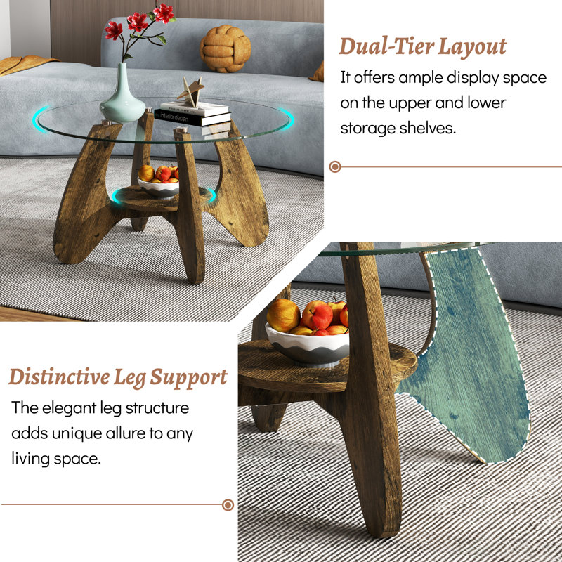 31.5" Glass Coffee Table for Living Room, 2-Tier Wood Accent Center Table with Open Storage, Rustic Brown