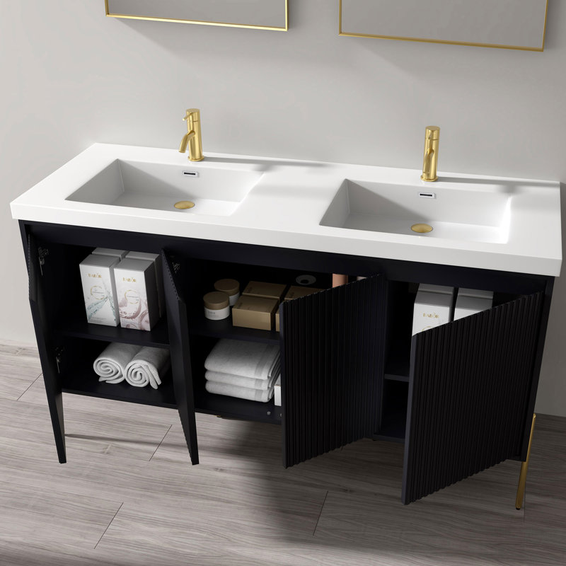 Raelynne 60.9'' Double Bathroom Vanity with Resin Top, White, Charcoal, Gold