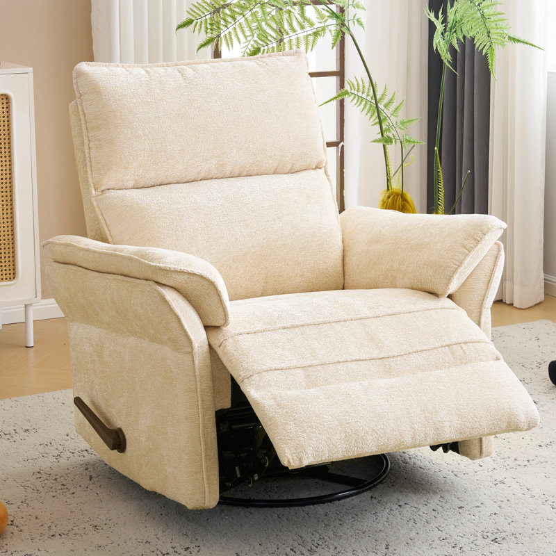 Oversized Recliner Chair, 26" Extra Wide 360° Swivel Rocker Recliner with Adjustable Headrest, Chenille Glider Rocking Nursery Chair with Overstuffed Armrest, Lumbar Support，Beige