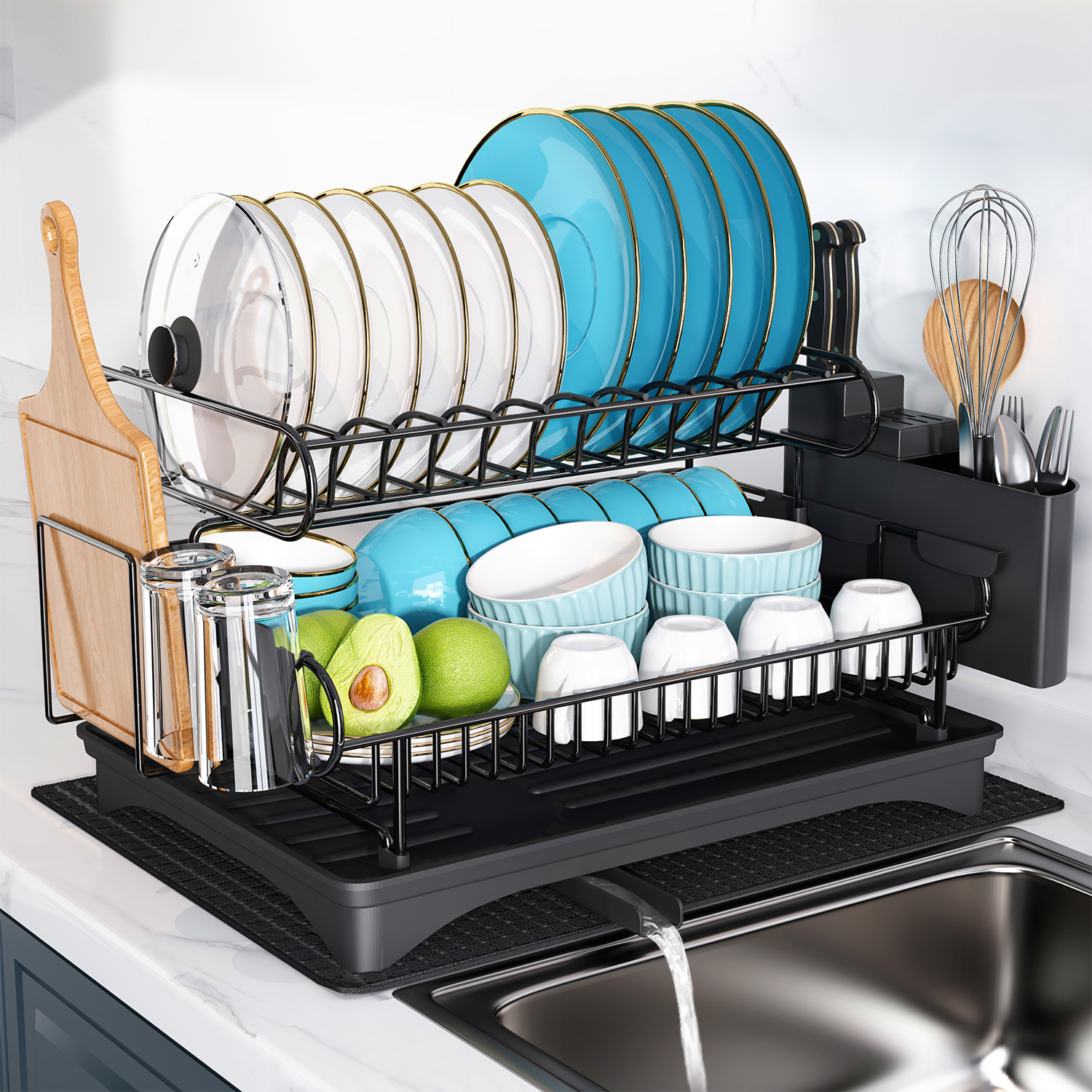 2 Tier Standing Dish Drainer Over The Sink Adjustable Drain Storage Rack  Multifunctional Rack with Utensil Holder, Cutting Board Holder for Home  Kitchen Counter 