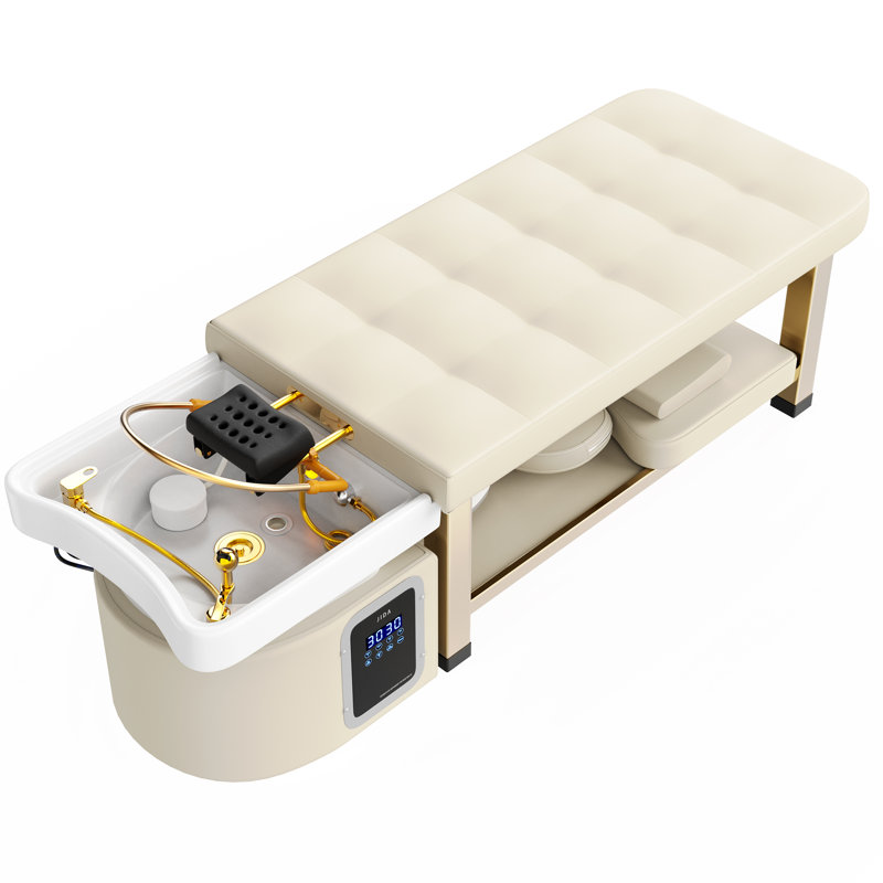  82" Stationary Head Spa Massage Table, Hair Washing Massage Bed with Water Cycle & Fumigation Salon Equipment for Beauty Head Spa Physical Therapy Massage, Stainless Steel Gold Color-Plated Frame, PU Leather