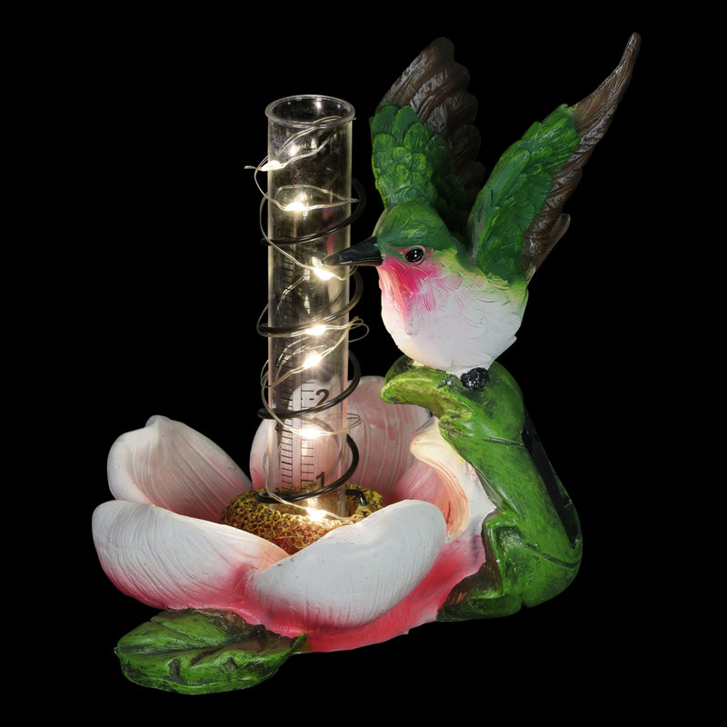 Solar Pink Flower and Hummingbird Garden Rain Gauge with LED Lights