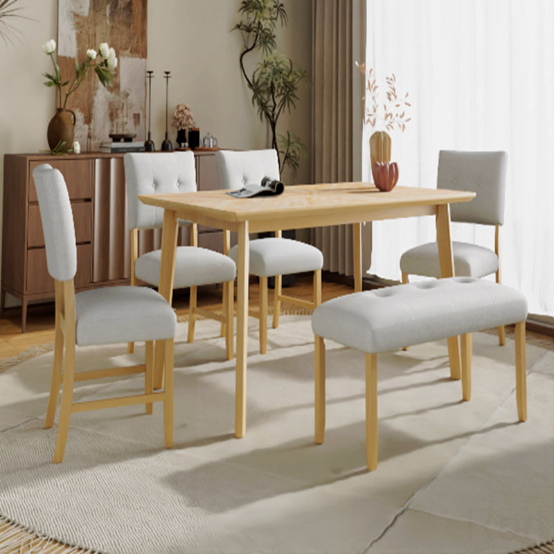 Ensemble de table de salle à manger 6 pièces, table rectangulaire rustique avec 4 chaises rembourrées et banc, ensemble de table de salle à manger en bois massif pour 6 personnes