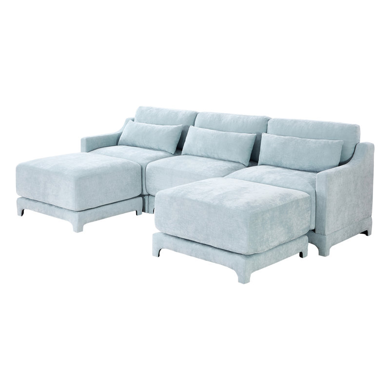 Canapé modulaire en chenille en U avec 2 repose-pieds et coussins lombaires Jedidiah, Chenille bleu ciel