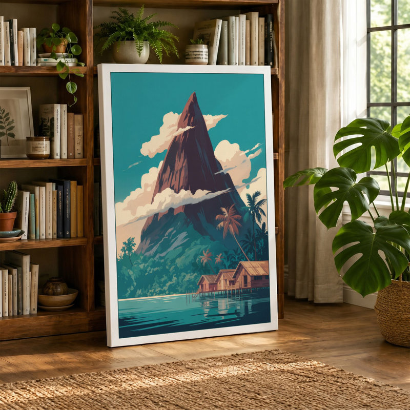 Mountain by Turquoise Waters Coastal 1 Piece Wrapped Canvas Wall Art, 24x16 - 61.0 x 40.6 cm, Terracotta Border