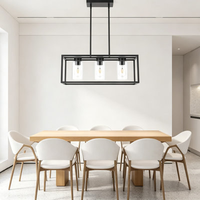 Lustre pour îlot de cuisine pour îlot de cuisine, luminaire suspendu rectangulaire 3 lumières noir mat avec abat-jour en verre transparent, plafonnier de salle à manger linéaire moderne à hauteur réglable