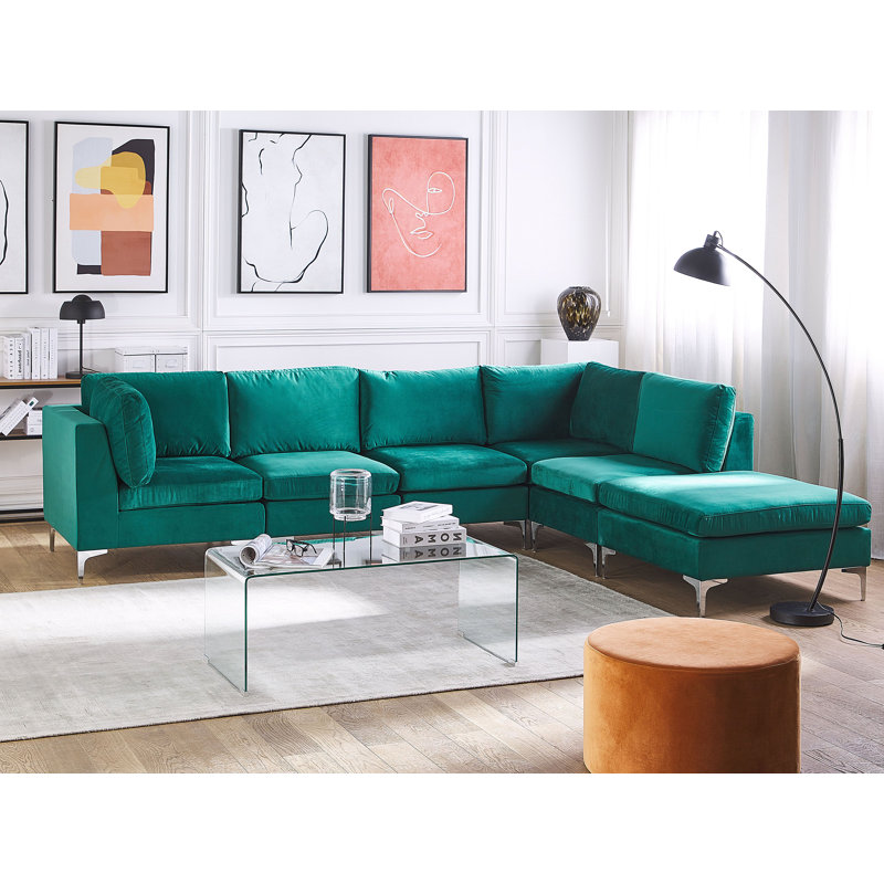 Donita 5 Seater Velvet Corner Sofa , Green, Right Hand Facing