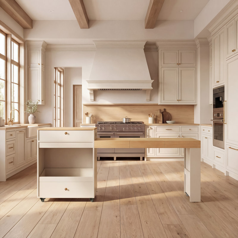 Rolling Kitchen Island With Extendable Dining Table, White/Wood