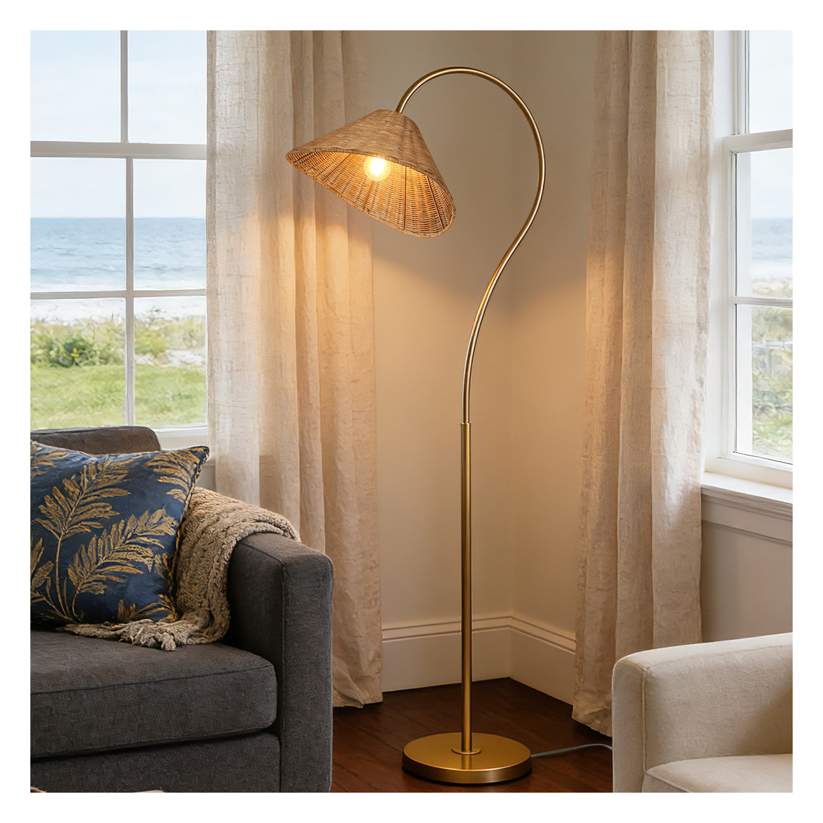 65” Arched Dimmable Rattan Floor Lamp, Gold