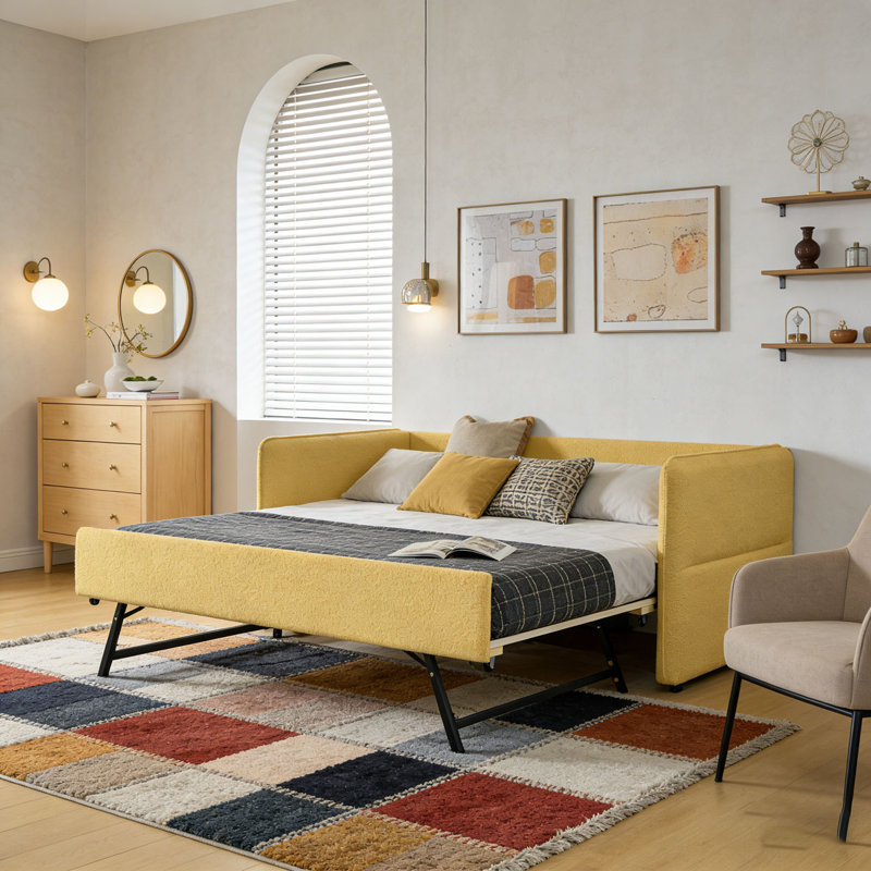 Boucle Fabric Daybed, Twin1, Yellow-Pop-up-Trundle