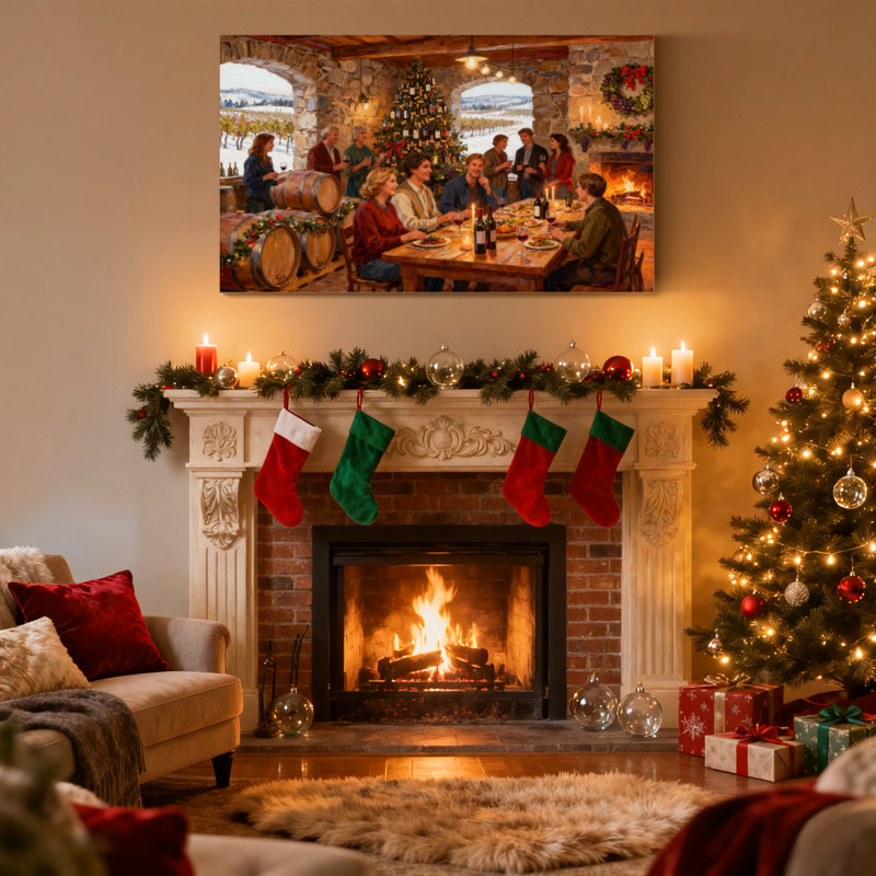 Christmas Christmas Gathering In Stone Cottage With Wine Barrels Set of 3 Canvas Wall Art Prints, 16" H x 24" W