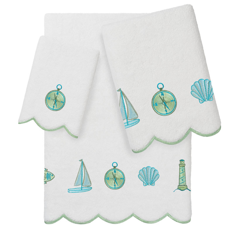 Ensemble de serviettes 100% coton festonné 3 pièces, Blanc/vert, Ensemble 3 serviettes de bain