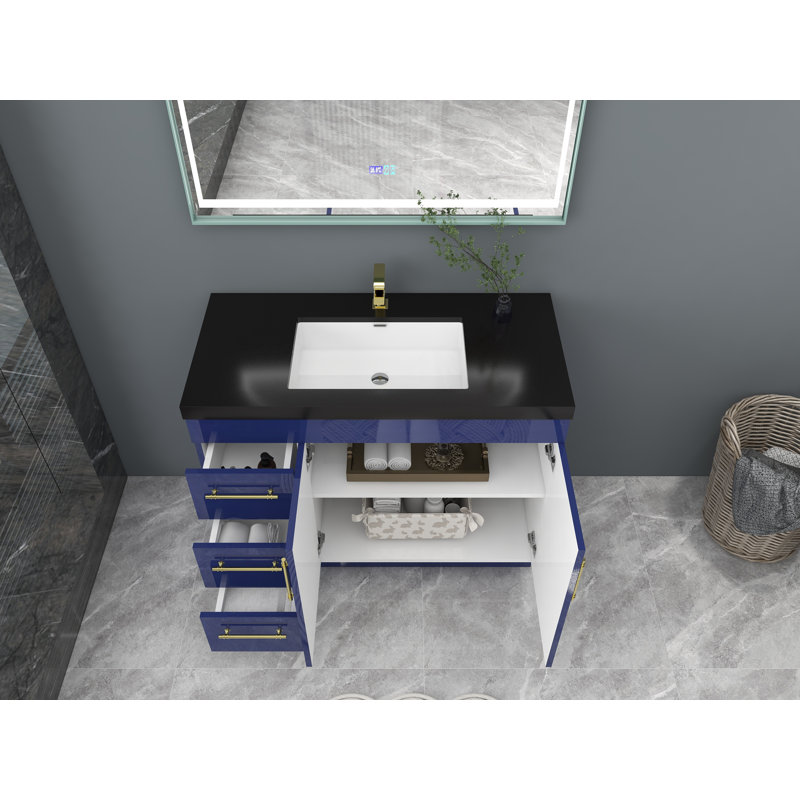 Ensemble de meuble-lavabo simple 42 po Camoya, Bleu nuit brillant, Or mat