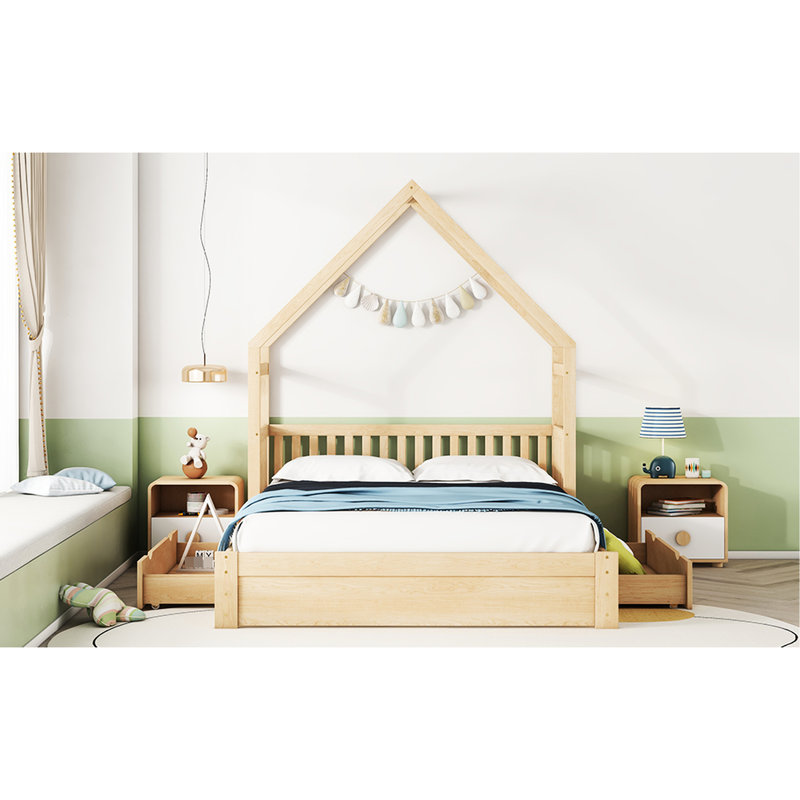 Grand lit en bois avec garde-corps de 15,3 po et 2 espaces de tiroirs pratiques - tiroirs de rangement spacieux à finition naturelle