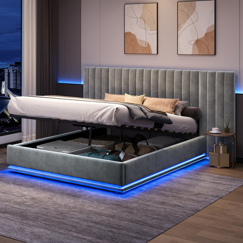 Ottoman Bed With Led Grey, Kingsize (5')