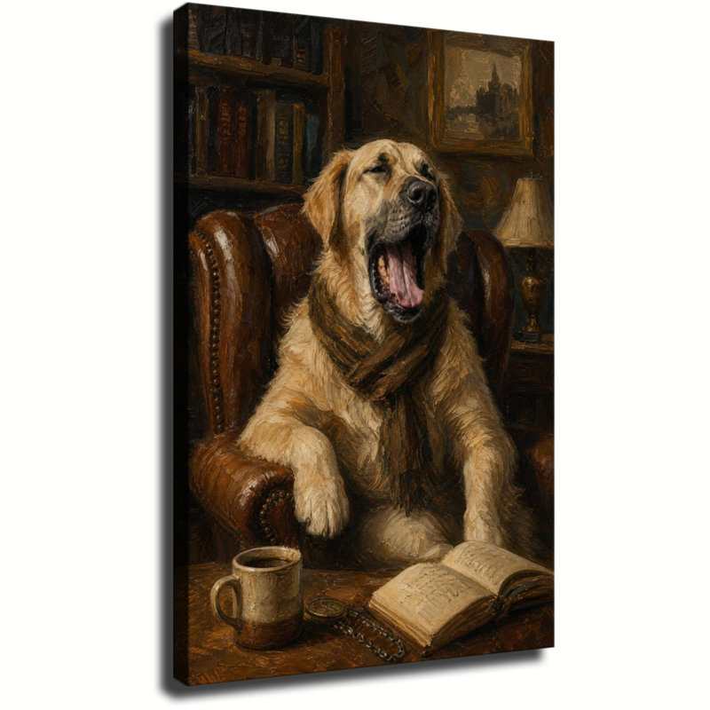 Tableau vintage Golden Retriever sur toile, représentant un chien avec une écharpe, un livre et un café (peinture à l'huile), idéal pour décorer un bureau ou un salon.