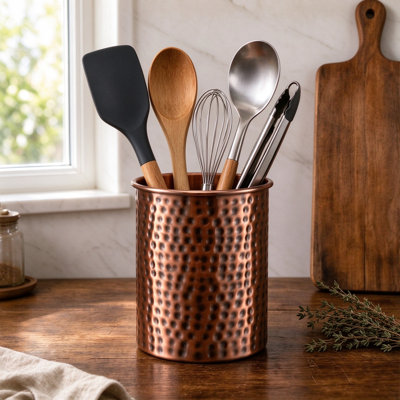 Porte-ustensiles de cuisine en cuivre antique martelé à la main, pot décoratif en métal pour le comptoir, organisateur de spatules et d'ustensiles de cuisine, porte-ustensiles artisanal