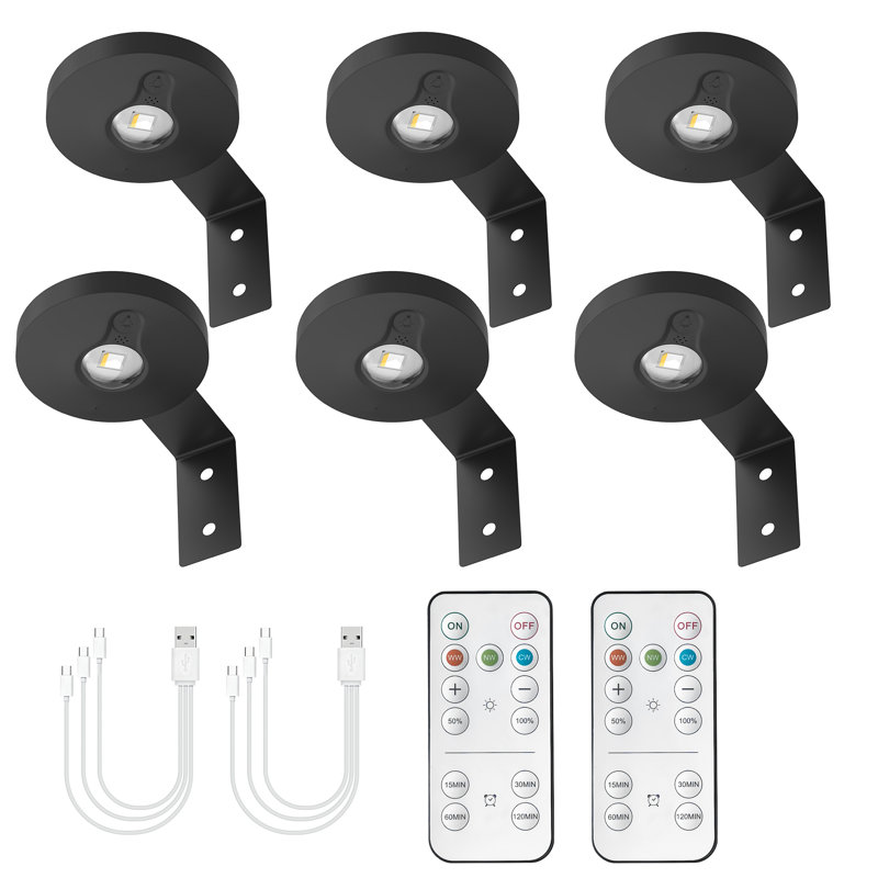 6-Pack Mini Round Rechargeable Accent Light – 0.6W, Remote Dimming, Timer (Matte Black), Matte Black