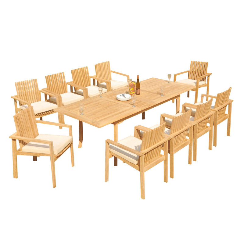 Rectangle Long Teak Dining Set, 31" H x 122" W x 43" D, 12