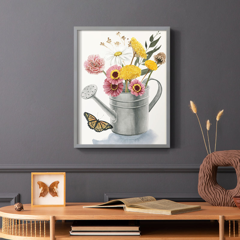 «Watering Can Bouquet I», reproduction encadrée - bois massif, Gris, H 10 po x l 8 po