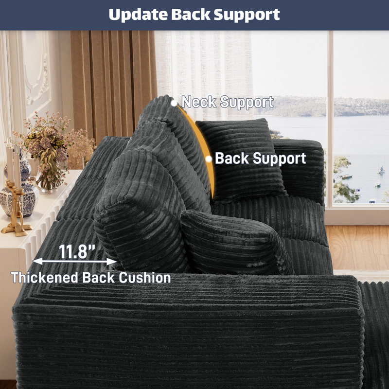 Upholstered Compression Sectional Sofa Couch With Chaise, Left Hand Facing, Black Corduroy