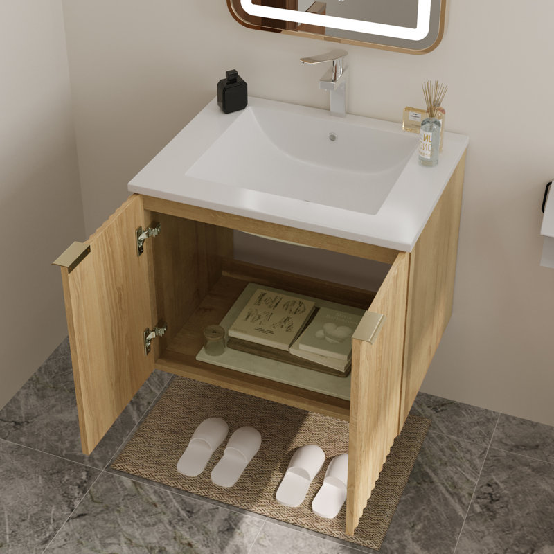 24" Modern Wall Mounted Floating Cabinet Bathroom Vanity with Sink and Wavy Textured Soft-Close Doors,Nature Color