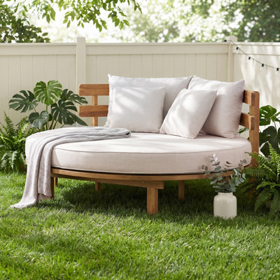 Patio Daybed with Round Seat and Curved Slatted Backrest, Cushion and 4 Pillows are included