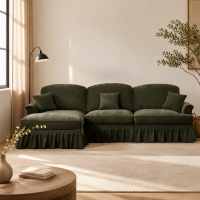 Mid Century Three Seater Modular L Shaped Sectional Couch with Flared Arms, Removable Ruffles, and Spindle Legs, Comfy Chenille Sofa with Movable Otto