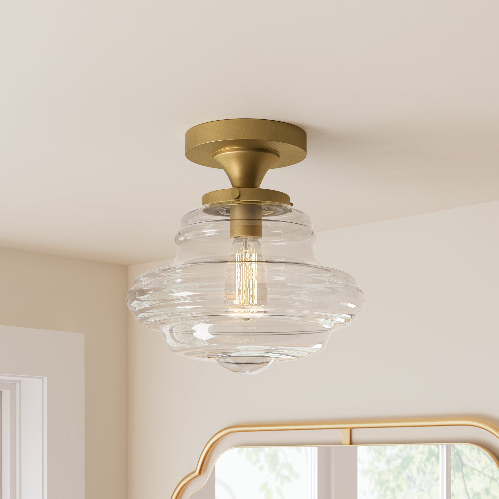 Marah Single Light Glass Semi Flush Mount, Natural Brass