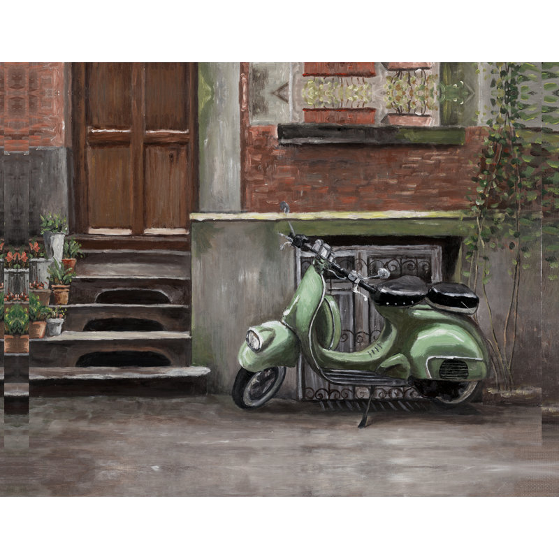 Green Scooter on Street - Painting Print, Wrapped Canvas, 81cm H x 122cm W