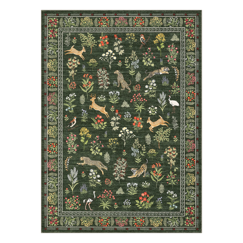 Floral Rug 4x6 Washable Animal Tiger Rug with Non Slip Rubber Backing, Farmhouse Botanical Carpet, Soft Low Pile Non Shedding Thin Foldable Mat for Nursery Dining Room Playroom, Green